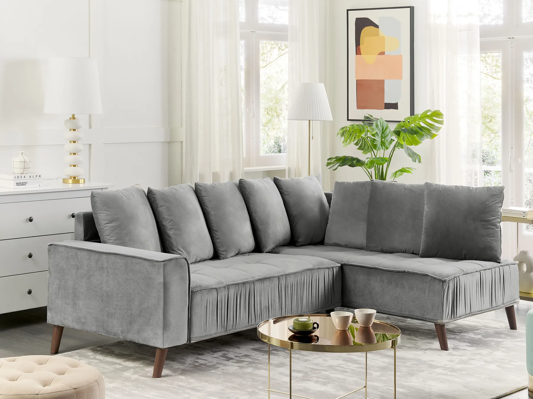 Ecksofa 3-Sitzer GRENA Samtstoff Hellgrau linksseitig_837244