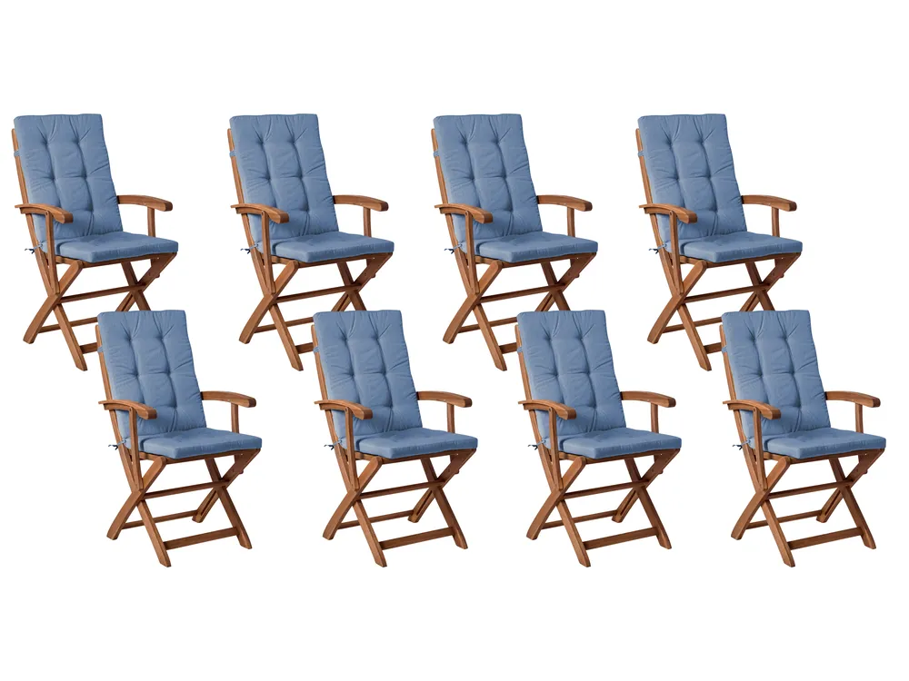 Set mit 8 Stühlen und Sitzkissen MAUI PREMIUM Akazienholz Blau