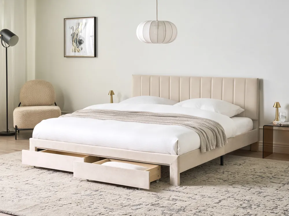 Bed with Storage Drawers LONZAC Velvet Beige 180 x 200 cm (EU Super King)