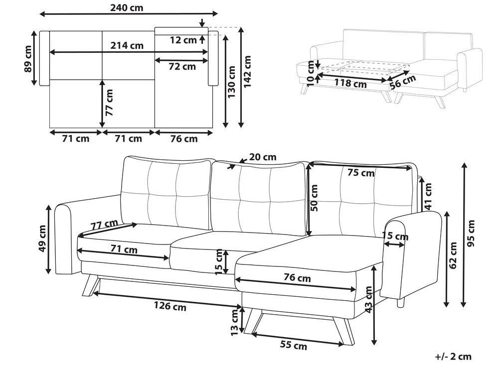 Sofa Bed 3 Seater SIRO with Storage Fabric Grey Left Hand_885675