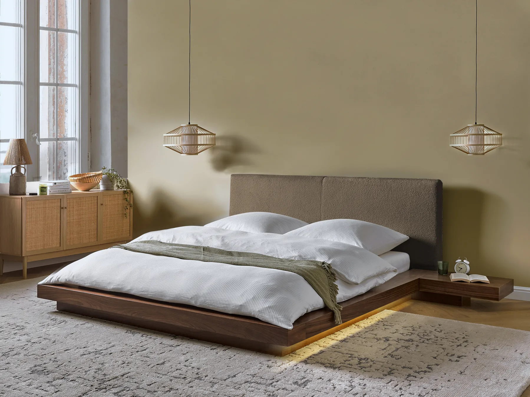 Bett mit LED Bouclé ZEN 160 x 200 cm Braune Esche_1080006