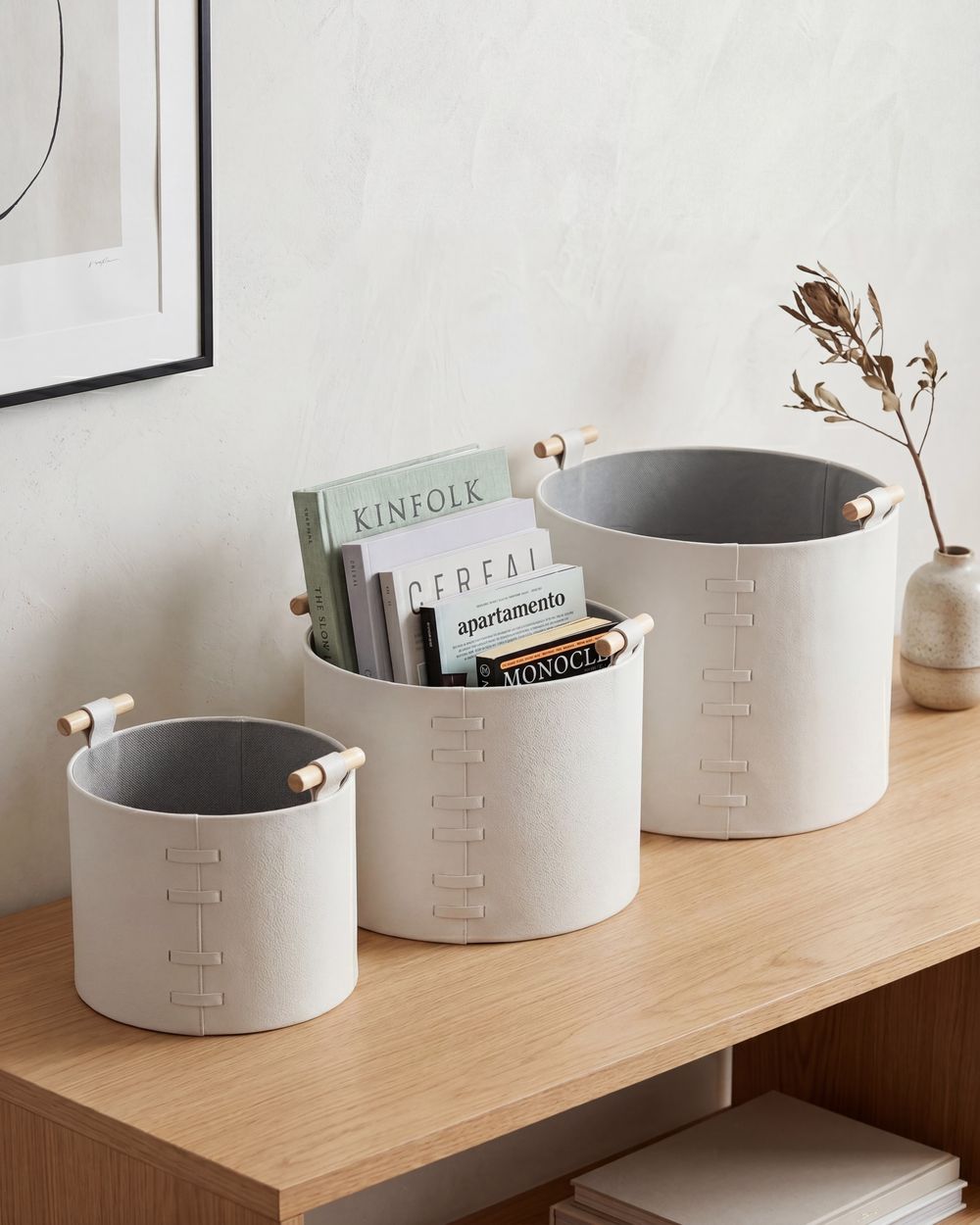 Set van 3 manden ARAM Kunstleer Gebroken wit
