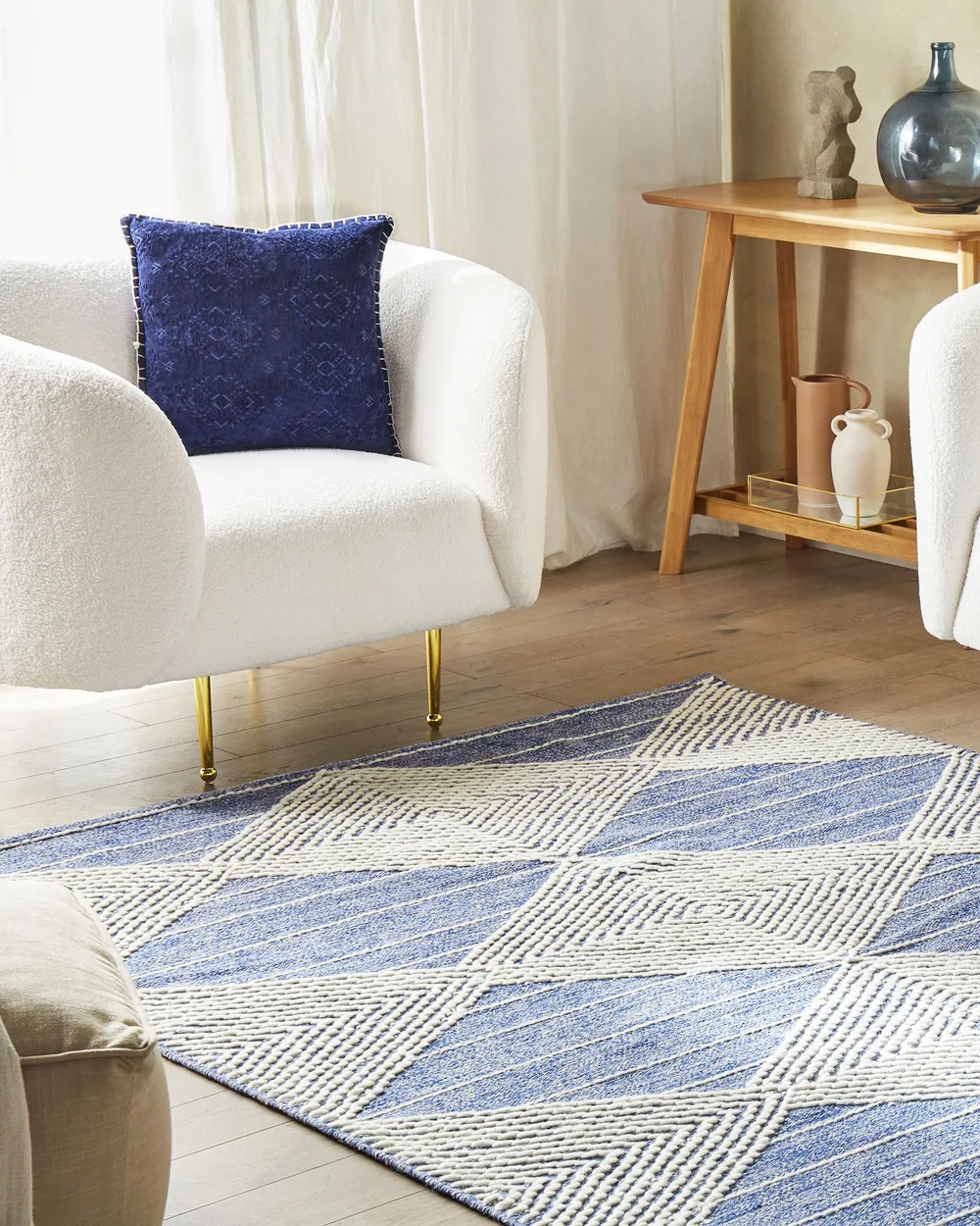 Teppich Wolle beige / blau geometrisches Muster verschiedene Größen DATCA