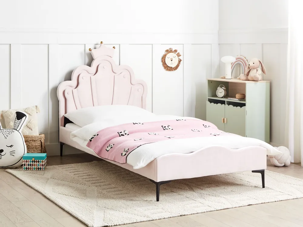Kids Bed Crown Velvet RUBIAN 90 x 200 cm (EU Single) with LED Lights Pink