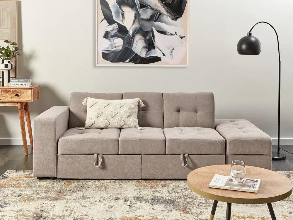 Sofa Bed 3 Seater FALSTER with Storage Fabric Light Brown_935843