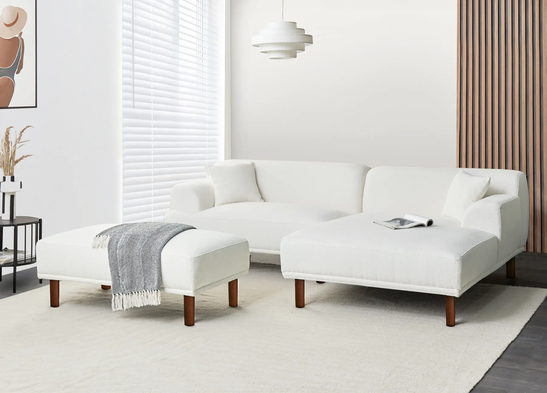Ecksofa 3-Sitzer HOLT mit Ottomane Bouclé Weiß linksseitig_959350
