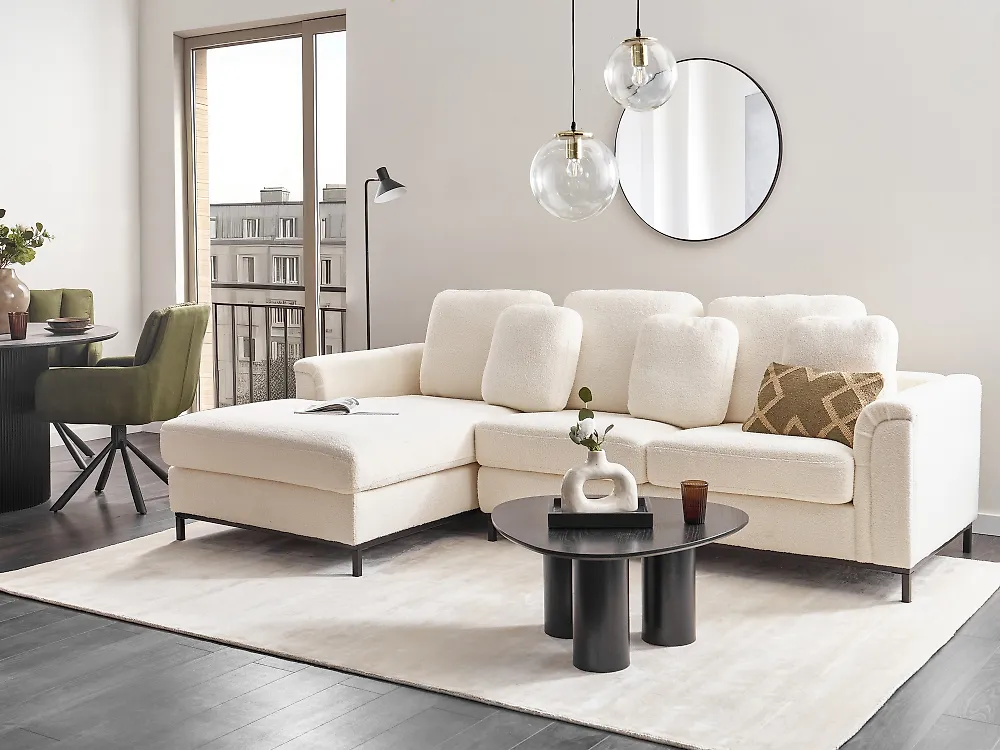 Ecksofa OSLO Bouclé Weiß rechtsseitig_1175589