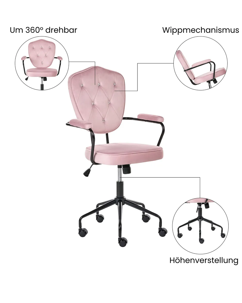 Schreibtischstuhl VELISSE Samtstoff Pastellrosa_1065430