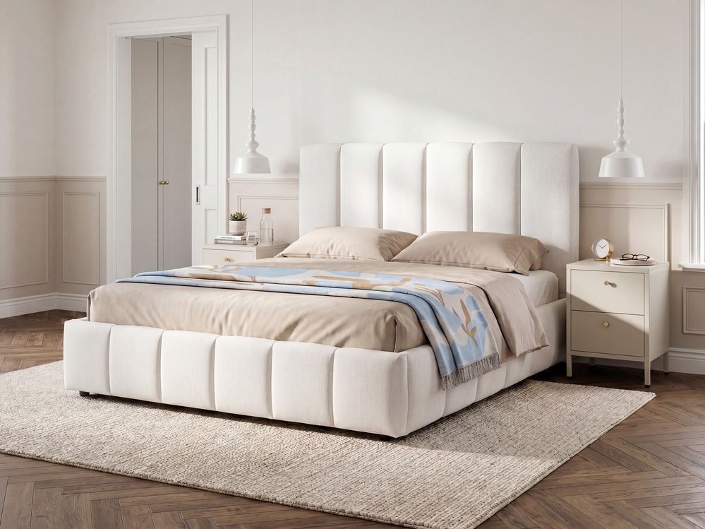 Bed met opbergruimte VAUVERT Stof Gebroken wit 160 x 200 cm