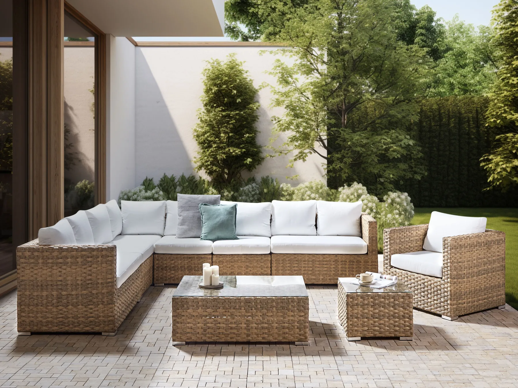 Lounge Set mit Tisch 8-Sitzer XXL modular Polyrattan Hellbraun rechtsseitig_905207