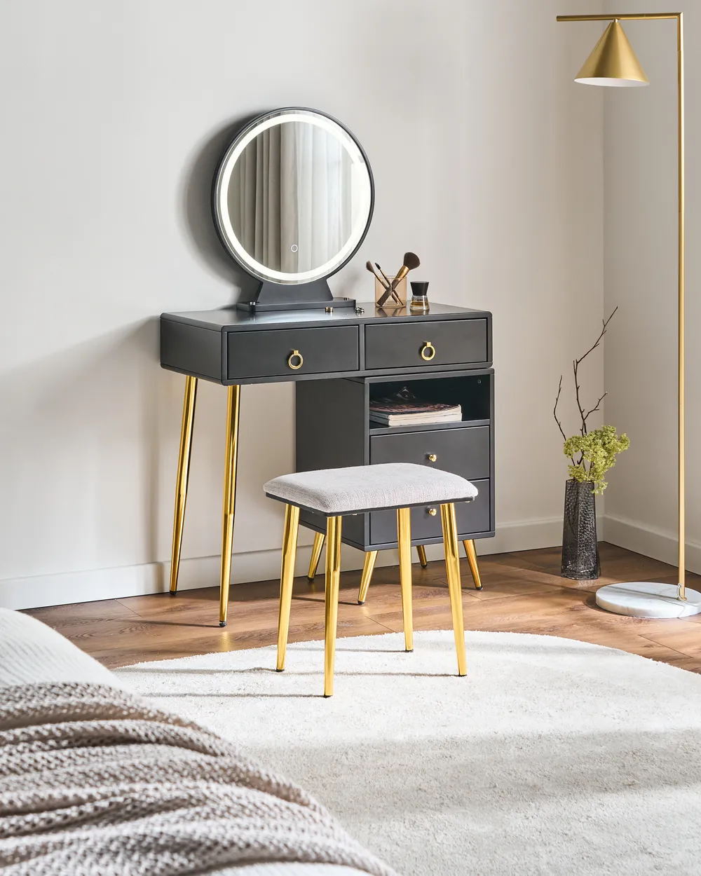 gold dressing table with mirror Miami 3 Drawer White and Gold Dressing Table Including Mirror – Time4Sleep main image 1