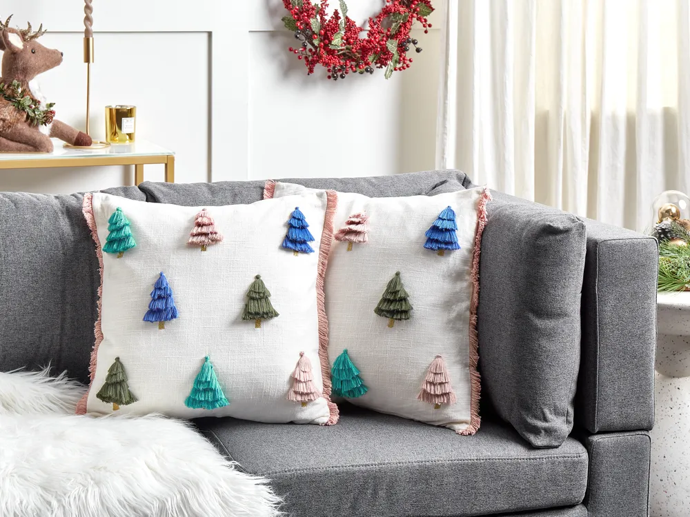 Dekokissen 2er Set SKIMMIA 45 x 45 cm Baumwolle Weiß Weihnachtsmotiv