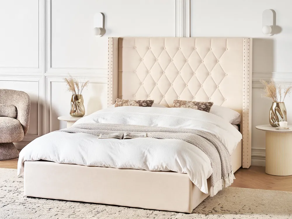 Ottoman Bed LUBBON Velvet Off-White 140 x 200 cm (EU Double)