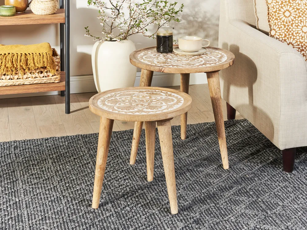 Beistelltisch 2er Set SAKITA Mangoholz Braun / Weiß