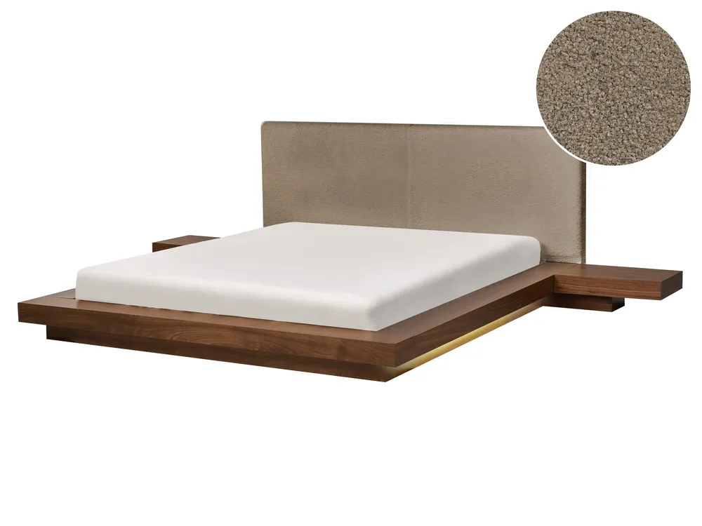 Bett mit LED Bouclé ZEN 160 x 200 cm Braune Esche
