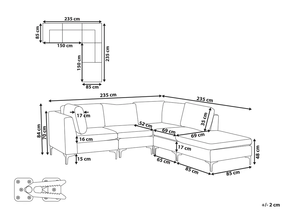 Modul Ecksofa 4-Sitzer EVJA mit Ottomane Samtstoff Marineblau linksseitig_859951