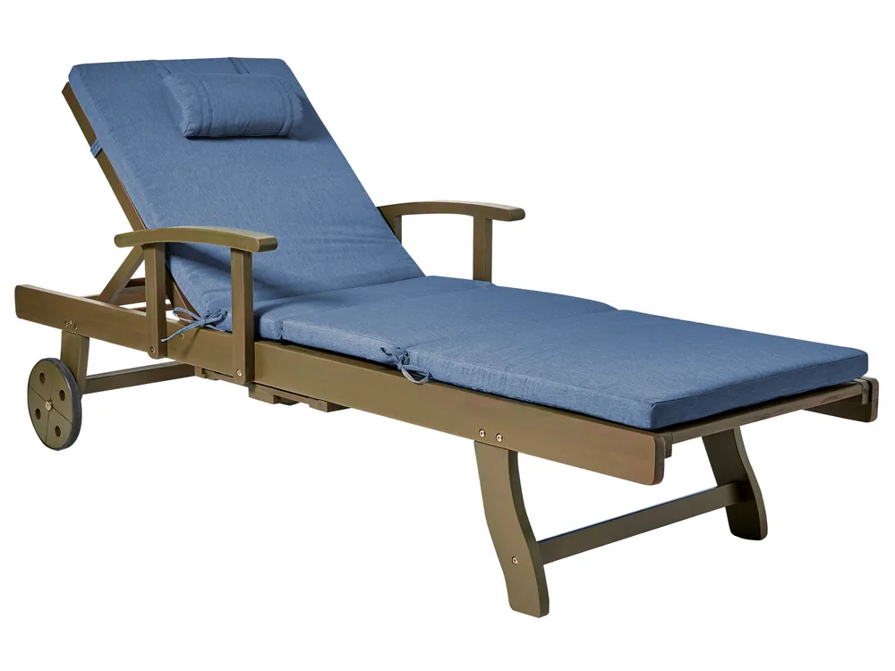 Sun Lounger with Cushion AMANTEA PREMIUM Reclining Acacia Wood Blue