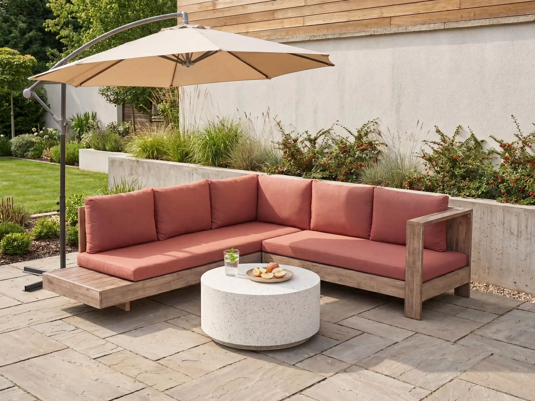 Garten Ecksofa 5-Sitzer MARETTIMO zertifiziertes Akazienholz Rot linksseitig_1081683