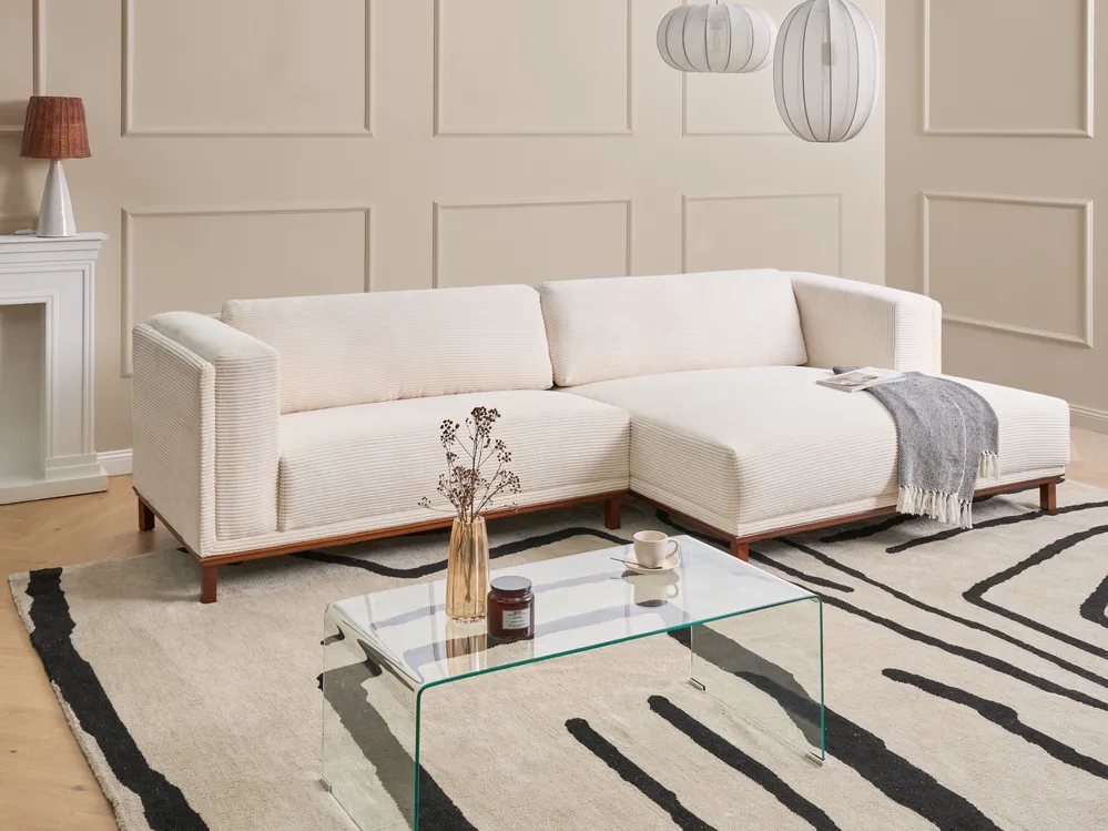 Ecksofa 4-Sitzer VENG Cord Hellbeige linksseitig