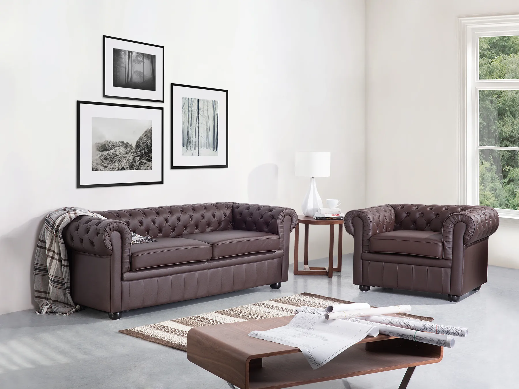 Living Room Set 4 Seater CHESTERFIELD Leather Brown_769445