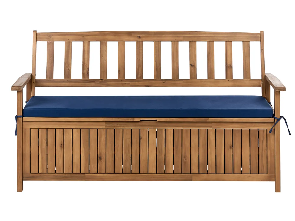 Gartenbank mit Auflage SOVANA 160 cm mit Stauraum Akazienholz Blau