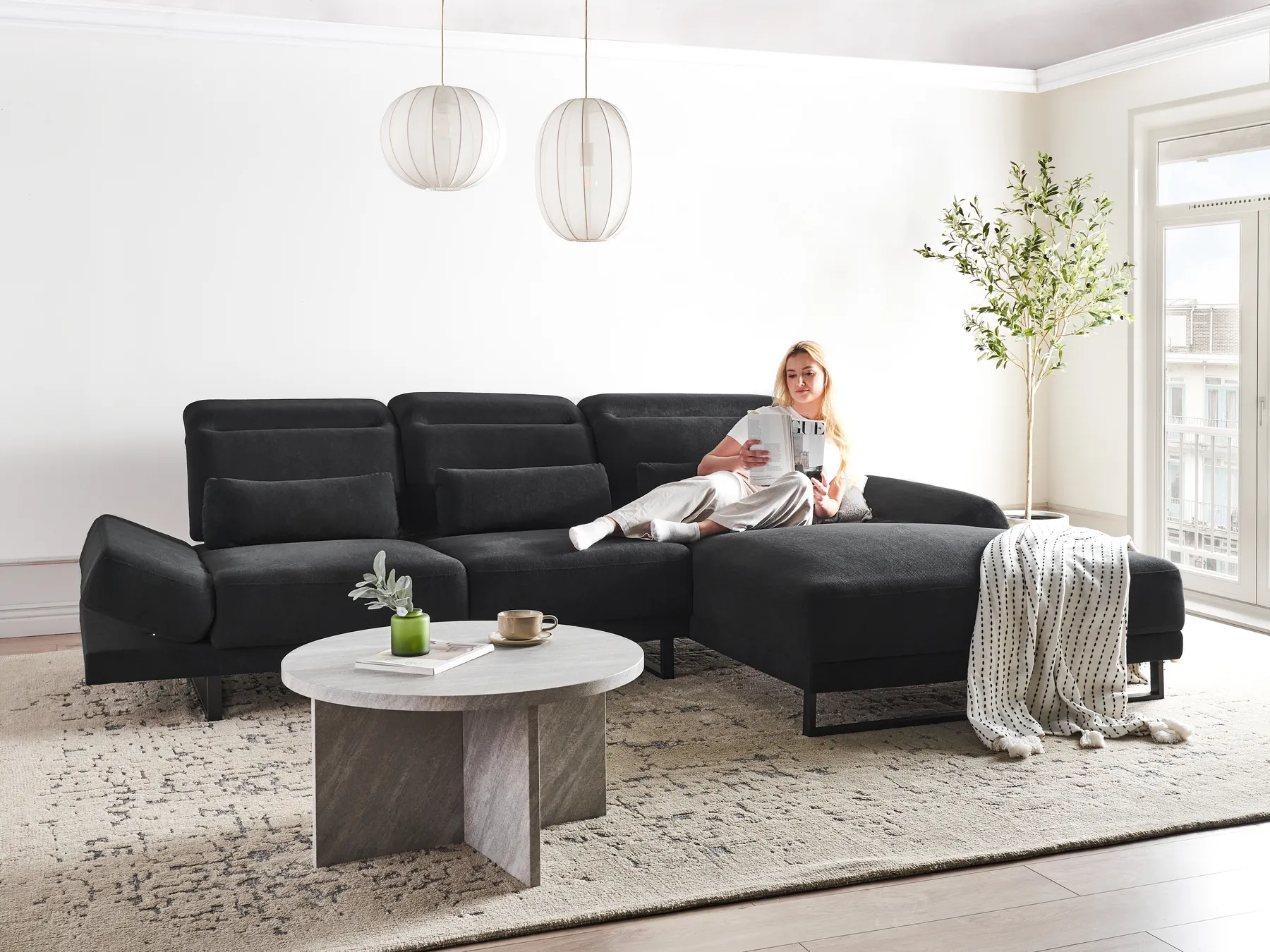 Corner Sofa 4 Seater IKAST Fabric Black Left Hand_959780