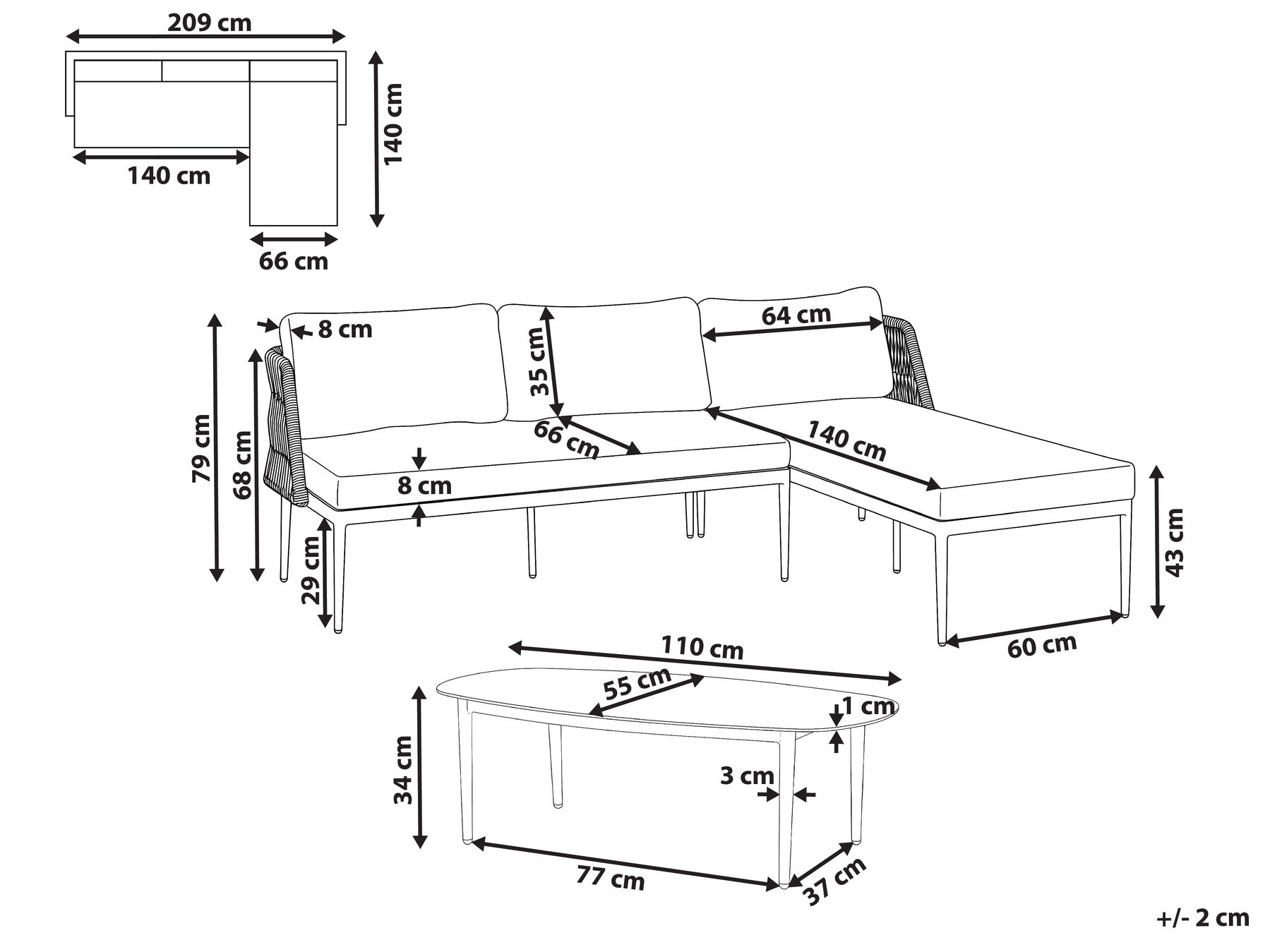 Garten Ecksofa mit Tisch 3-Sitzer LEFFE Metall Beige linksseitig_1045290