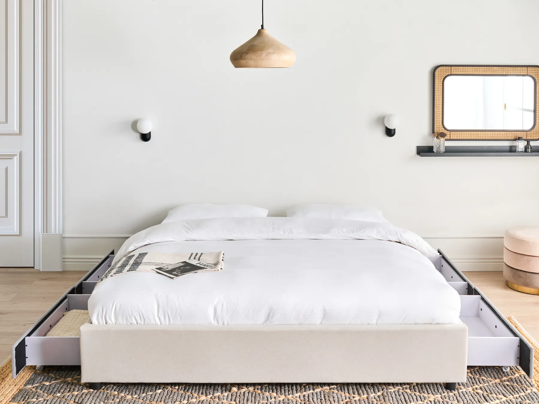 Bett mit Schubladen ohne Kopfteil PRADES Stoff Hellbeige 180 x 200 cm_996145