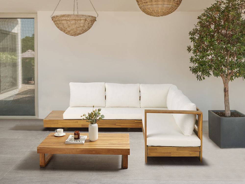 Garden Corner Sofa with Table 5 Seater MARETTIMO Certified Acacia Wood Brown Left Hand