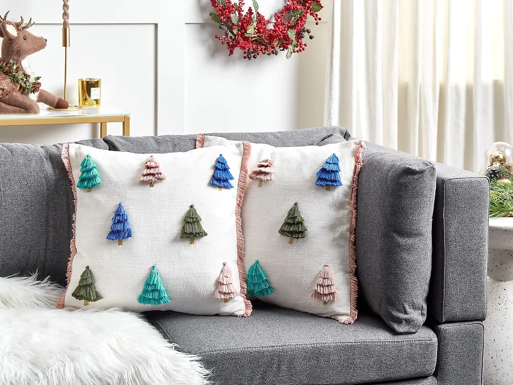 Set of 2 Decorative Cushions SKIMMIA 45 x 45 cm Cotton White Christmas Motif_1187939