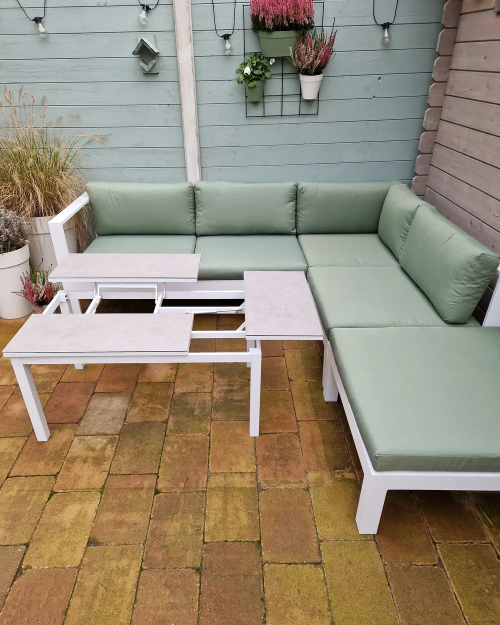 Garten Ecksofa mit Tisch 5-Sitzer MESSINA Metall Grün linksseitig_961356