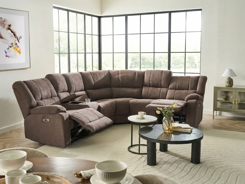 Ecksofa elektrisch verstellbar 5-Sitzer ROKKE mit USB-Anschluss Stoff Braun linksseitig_1043923