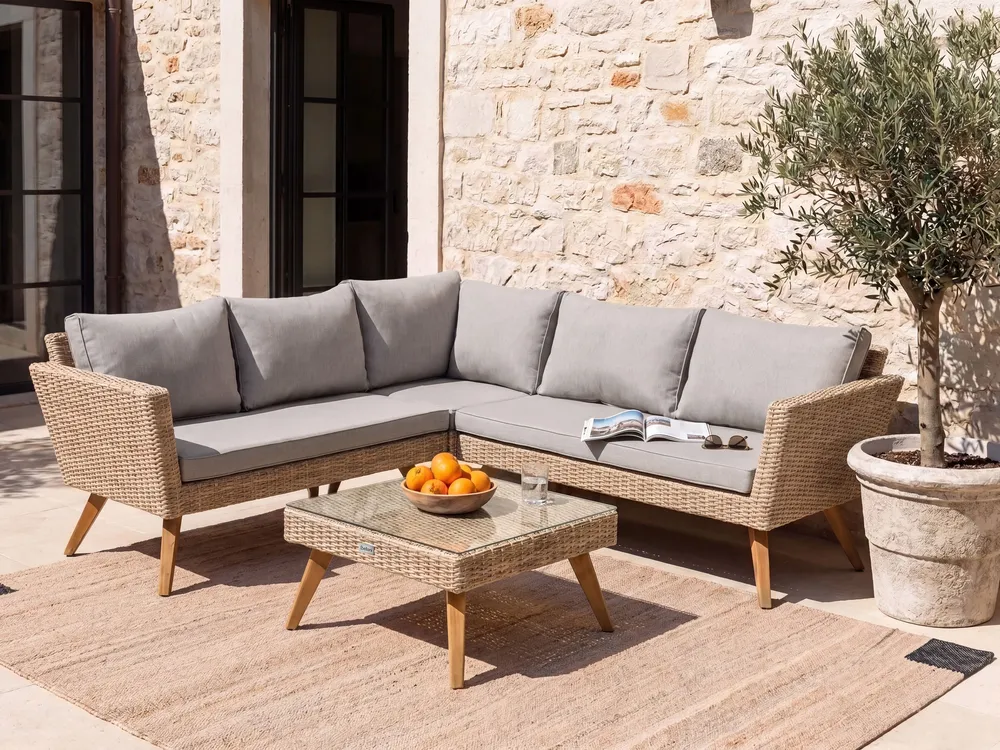 Garden Corner Sofa with Table 6 Seater VITTORIA PE Rattan Grey_1124501
