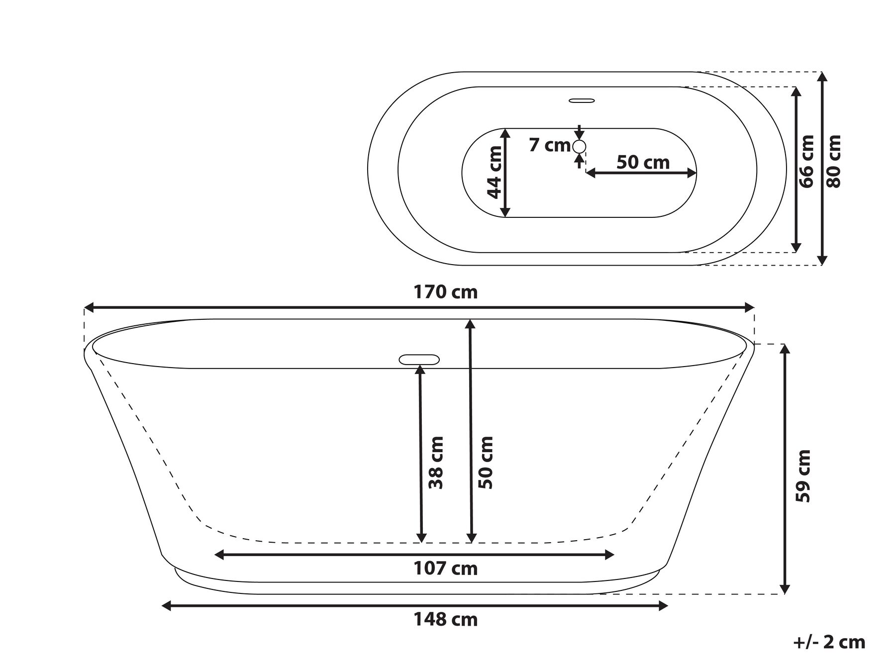 Freistehende Badewanne OVALLE 170 x 80 cm Weiß_775653