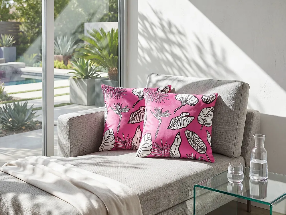 Dekokissen 2er Set MALVA 45 x 45 cm Samtstoff Rosa Blumenmuster_1183878