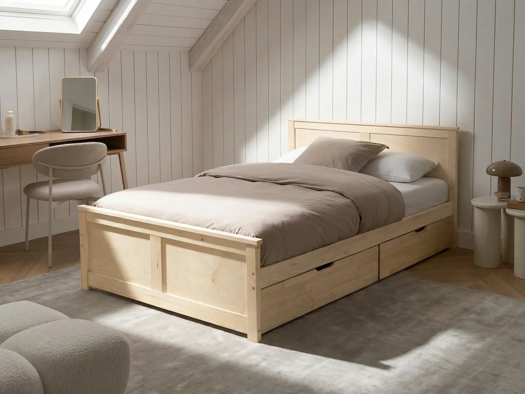 Bett mit 2 Schubladen DAUPHIN Kiefernholz Hellbraun 120 x 200 cm_1059801