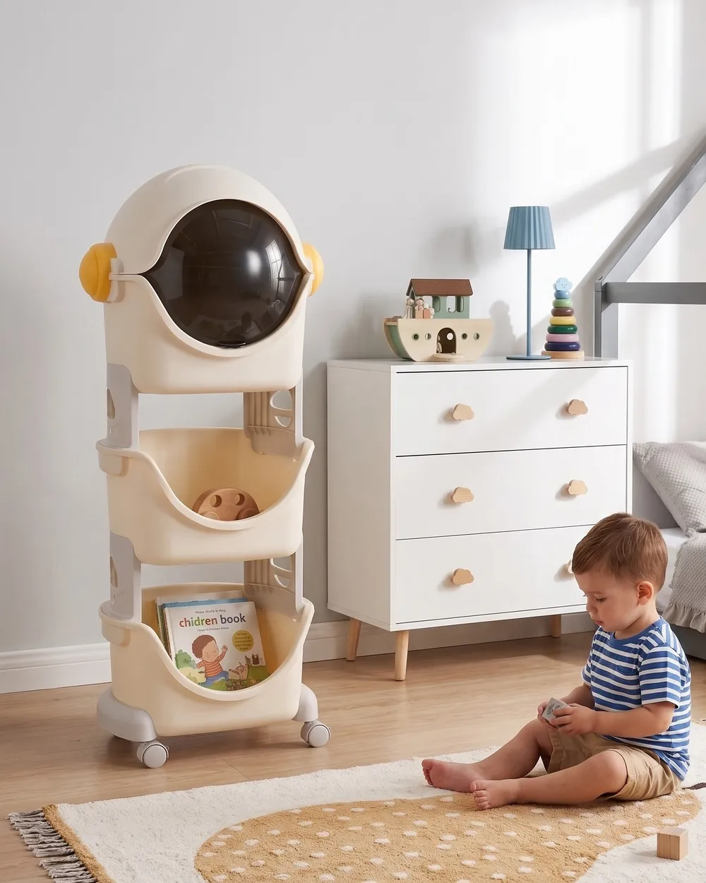 Spielzeugaufbewahrung BAWLEY Astronaut 106 cm mit Rädern Hellbeige