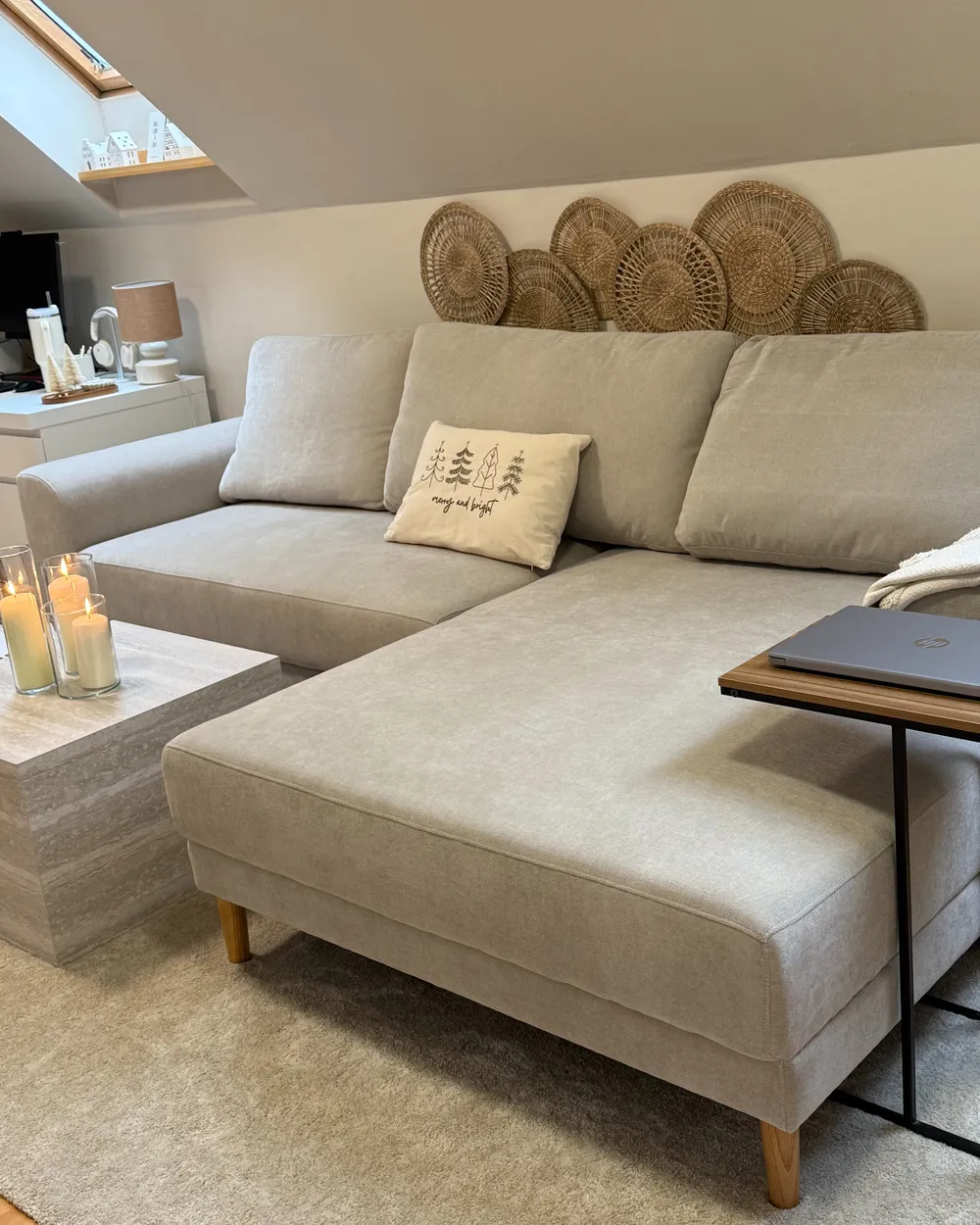 Eckschlafsofa 3-Sitzer NUBORG Chenillegewebe Hellbeige linksseitig_1047209