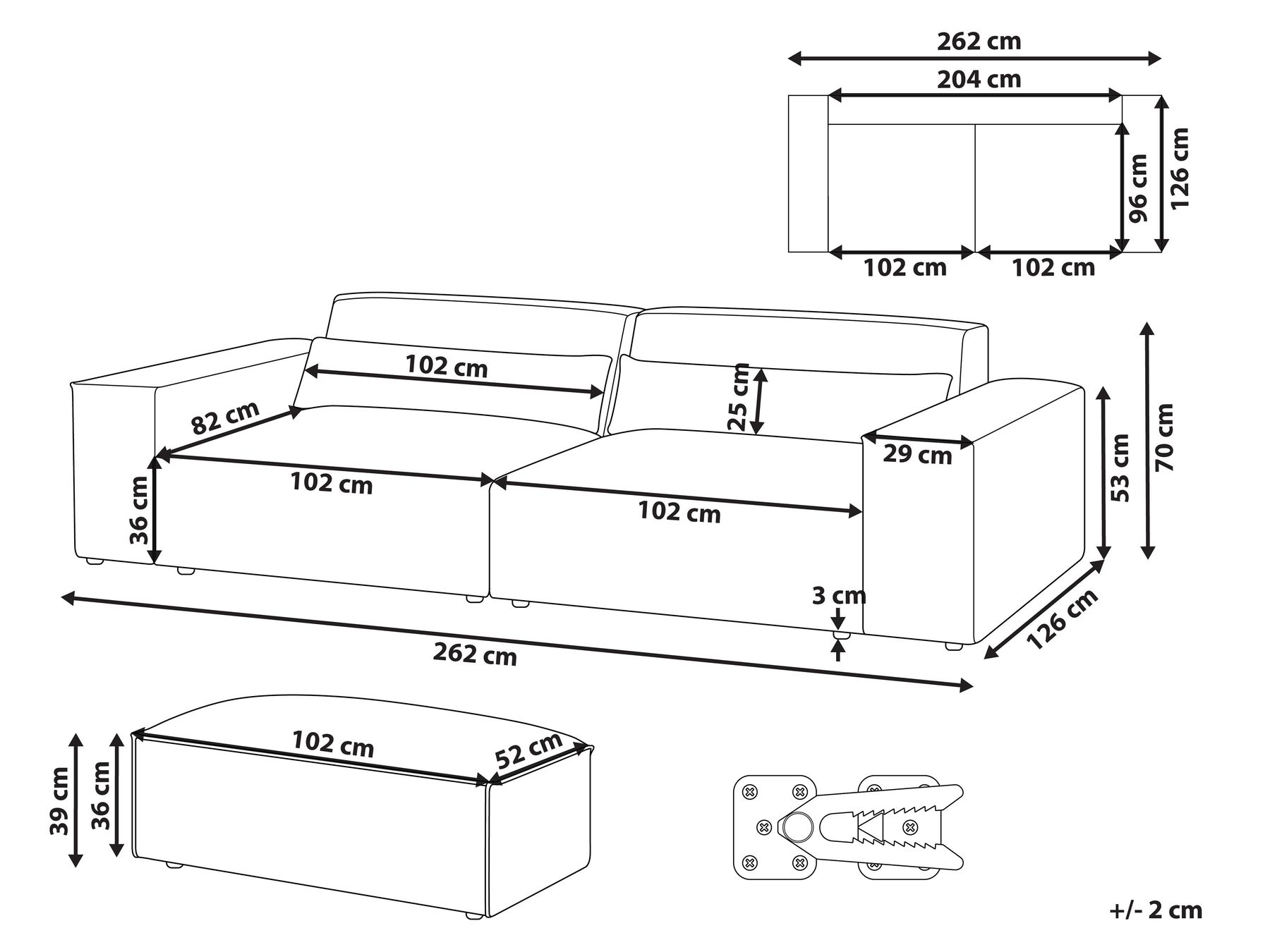 Modulsofa 2-Sitzer HELLNAR mit Ottomane Stoff Grau_911753