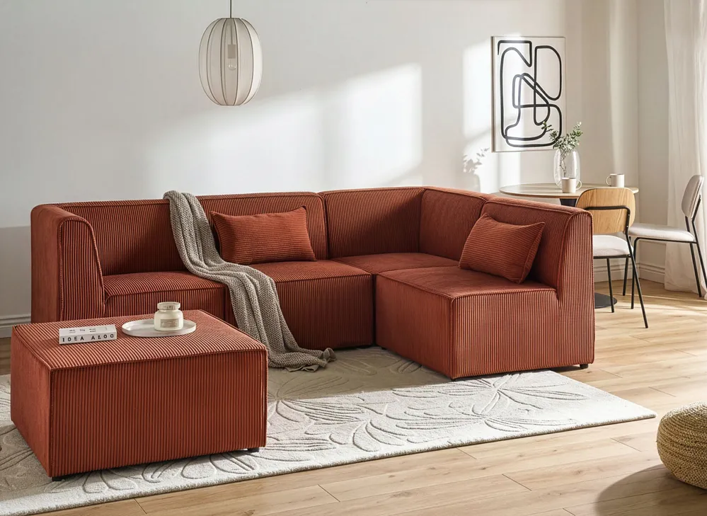 Modul Ecksofa 4-Sitzer LEMVIG mit Ottomane Cord Goldbraun linksseitig