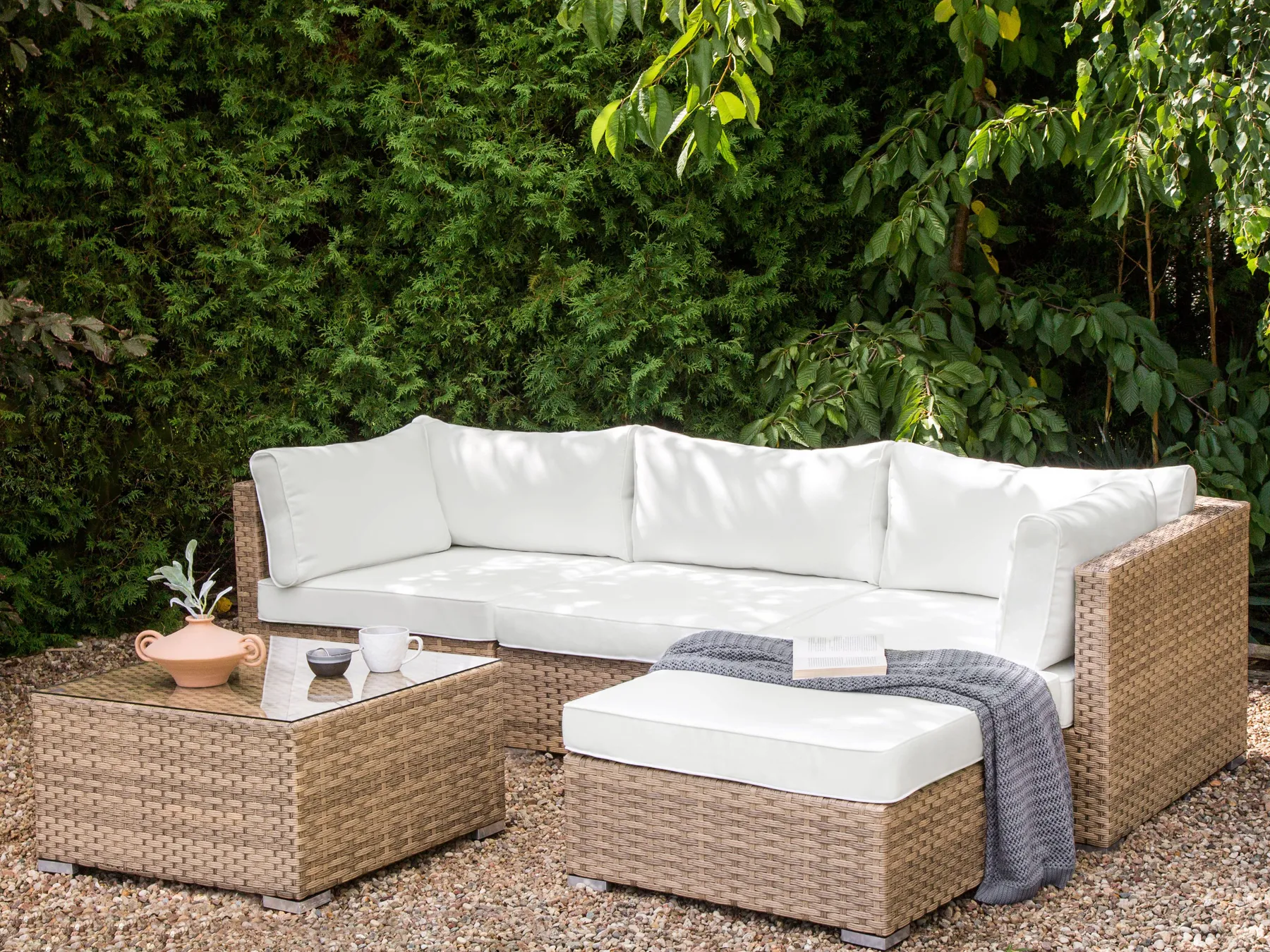 Garten Ecksofa mit Tisch 4-Sitzer SANO modular Polyrattan Naturfarben linksseitig_931945