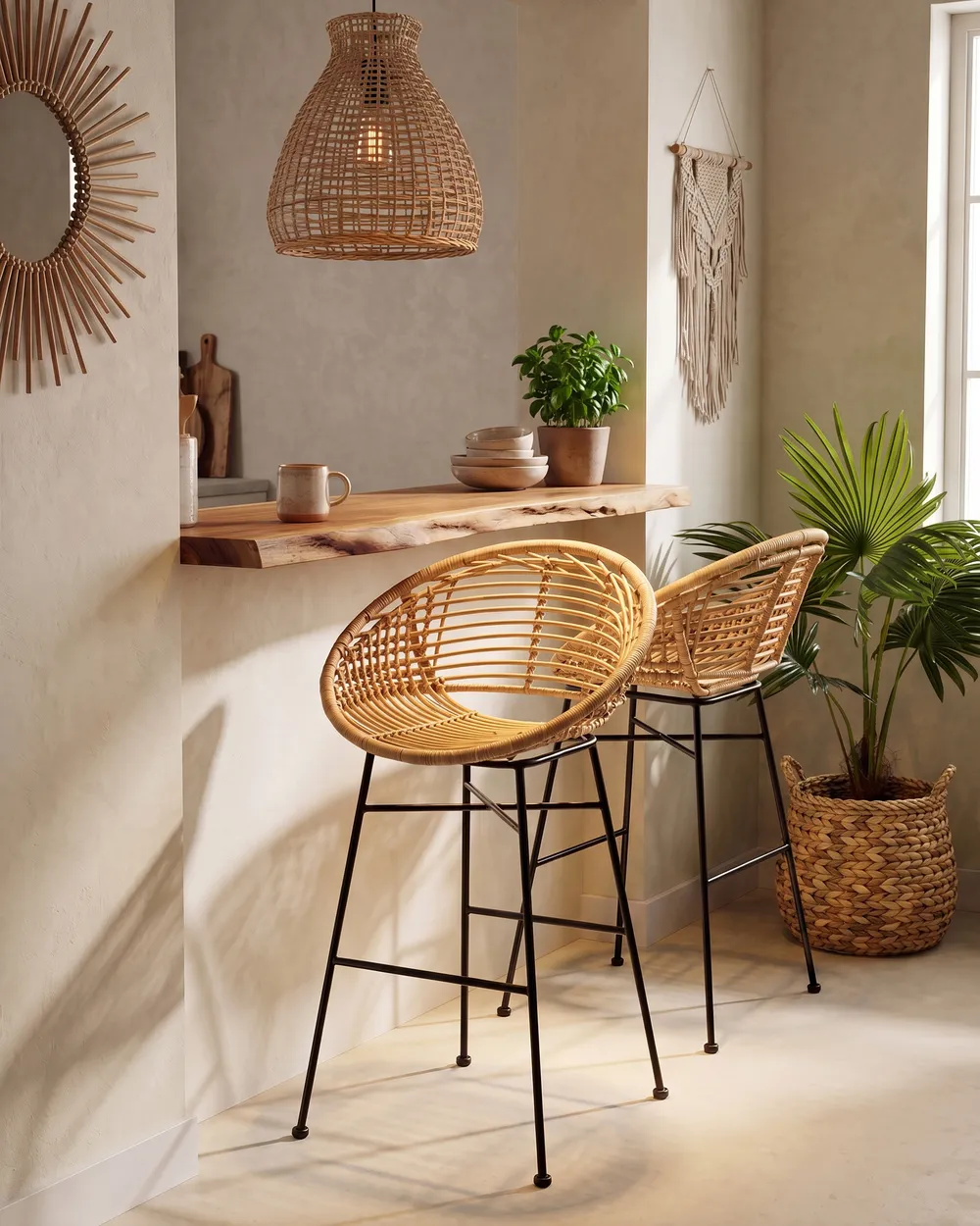 Set mit 2 Barstühlen WINDOM Rattan Naturfarben