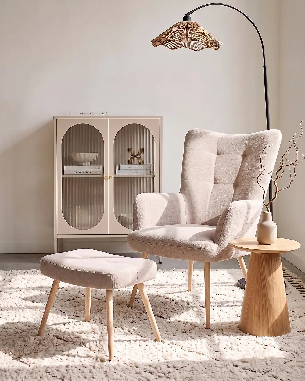 Ohrensessel VEJLE mit Fußstütze Stoff Beige