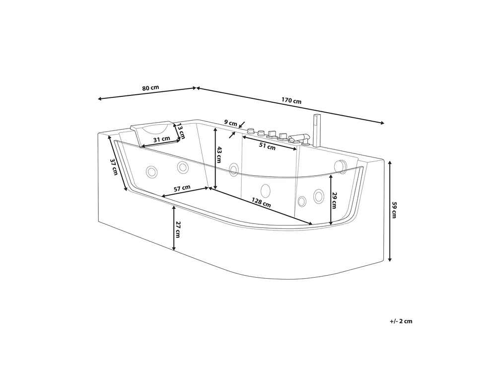 Whirlwanne Eckmodell mit LED ACUARIO 170 x 80 cm Weiß rechtsseitig_755871