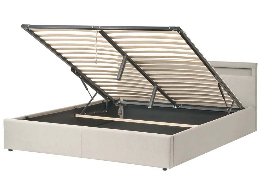 Bett mit Stauraum und LED-Beleuchtung ARMELLE Stoff Beige 180 x 200 cm