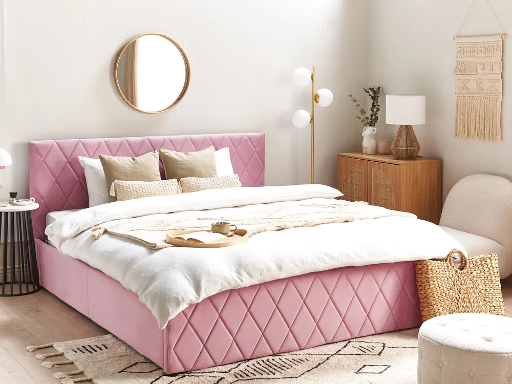 Bett mit Stauraum ROCHEFORT Samtstoff Rosa 180 x 200 cm