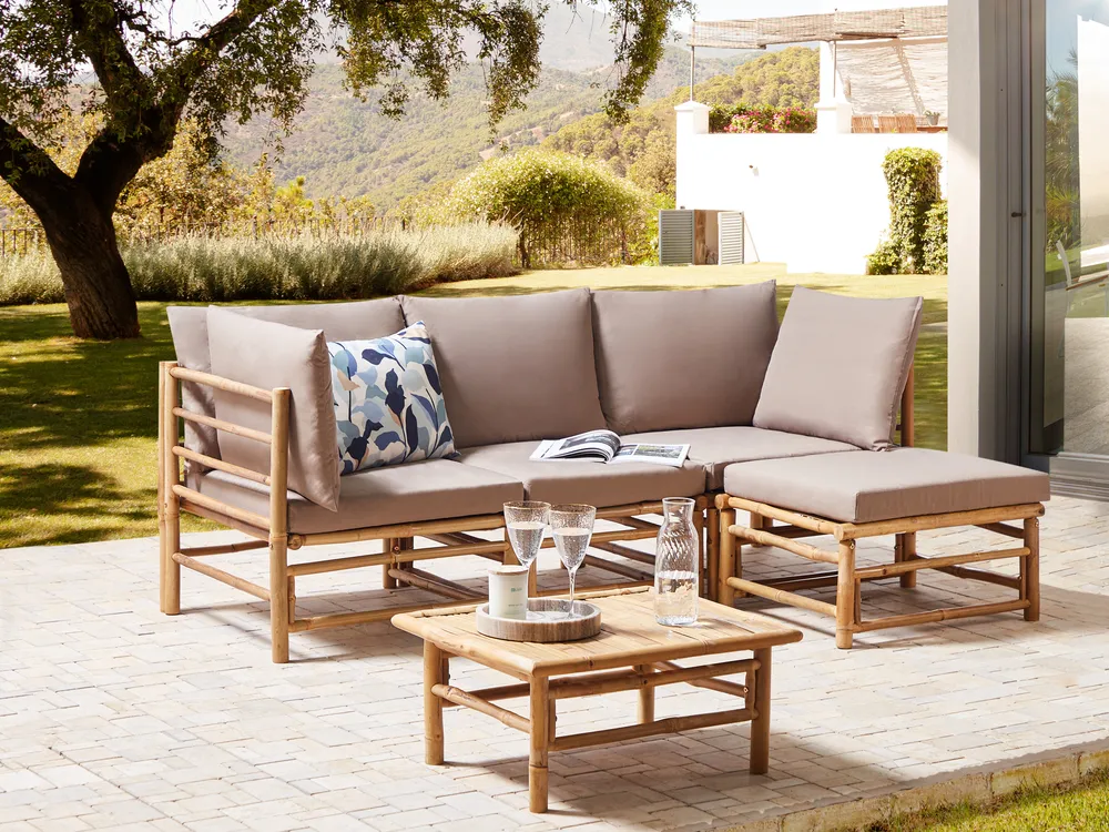 Garten Ecksofa mit Tisch 4-Sitzer CERRETO Bambus Taupe linksseitig
