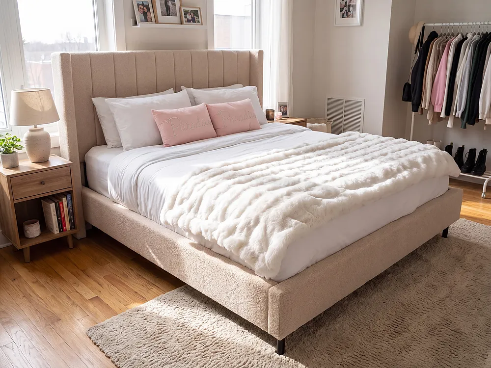 Bett mit Lattenrost Bouclé VILLETTE 140 x 200 cm Beige_1153758