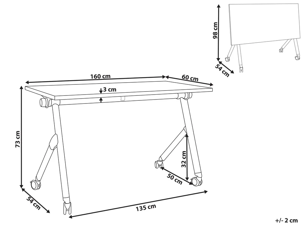 Zusammenklappbarer Schreibtisch BENDI 160 cm 60 cm mit Rädern Weiß_922474