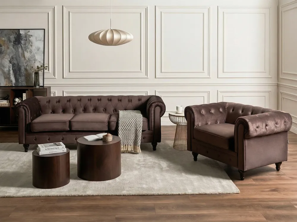 Sofa Set 4-Sitzer CHESTERFIELD Samtstoff Dunkelbraun